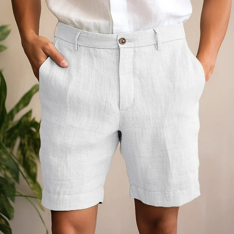 Men's white linen summer shorts with side pockets and above-knee length