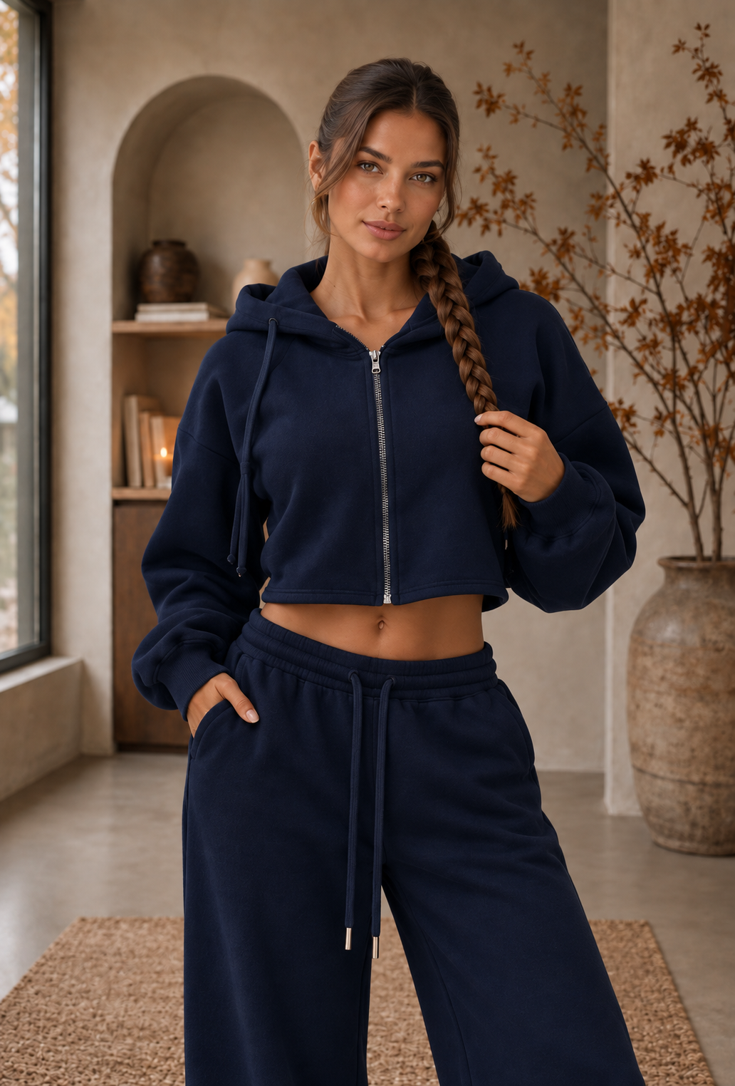Navy blue zip hoodie tracksuit women front detail