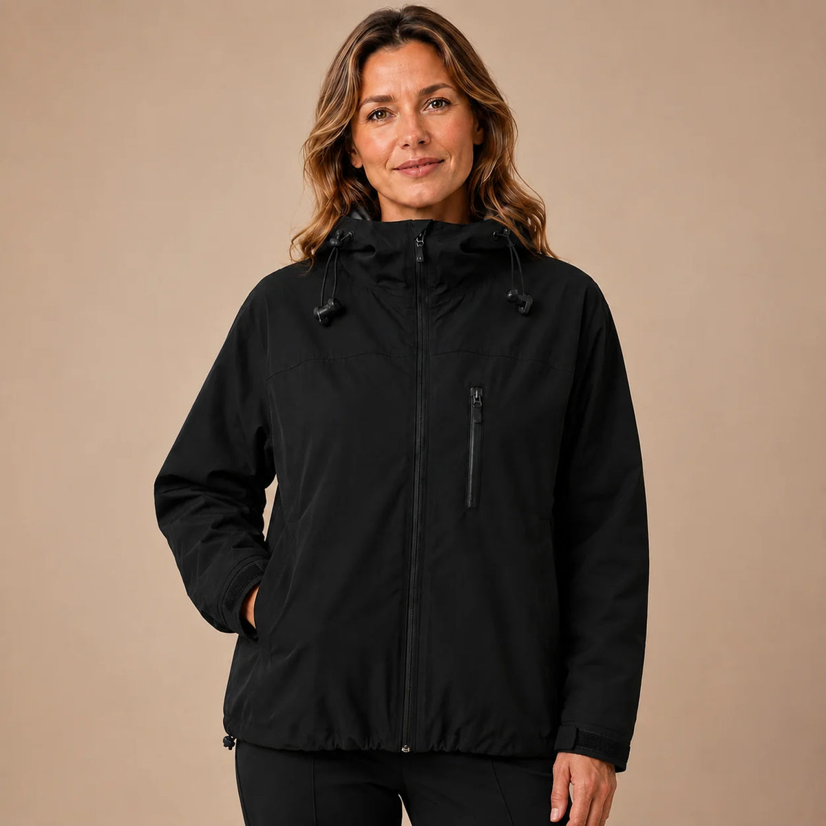 Women's short hooded raincoat in black front view