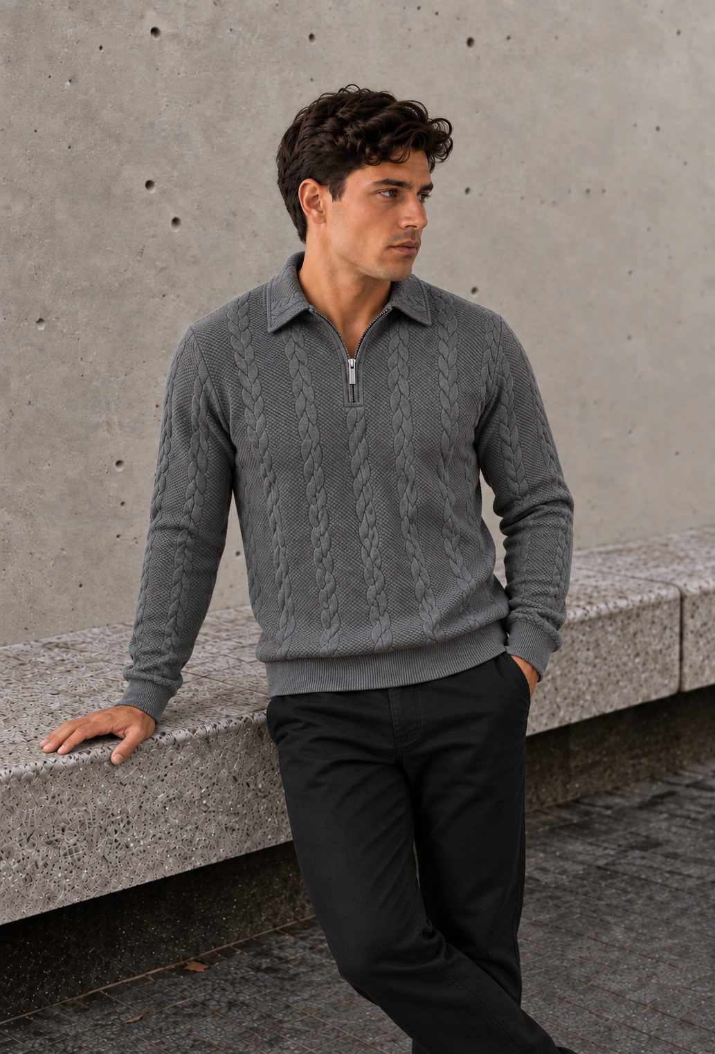 Men's gray half zip cable knit sweater