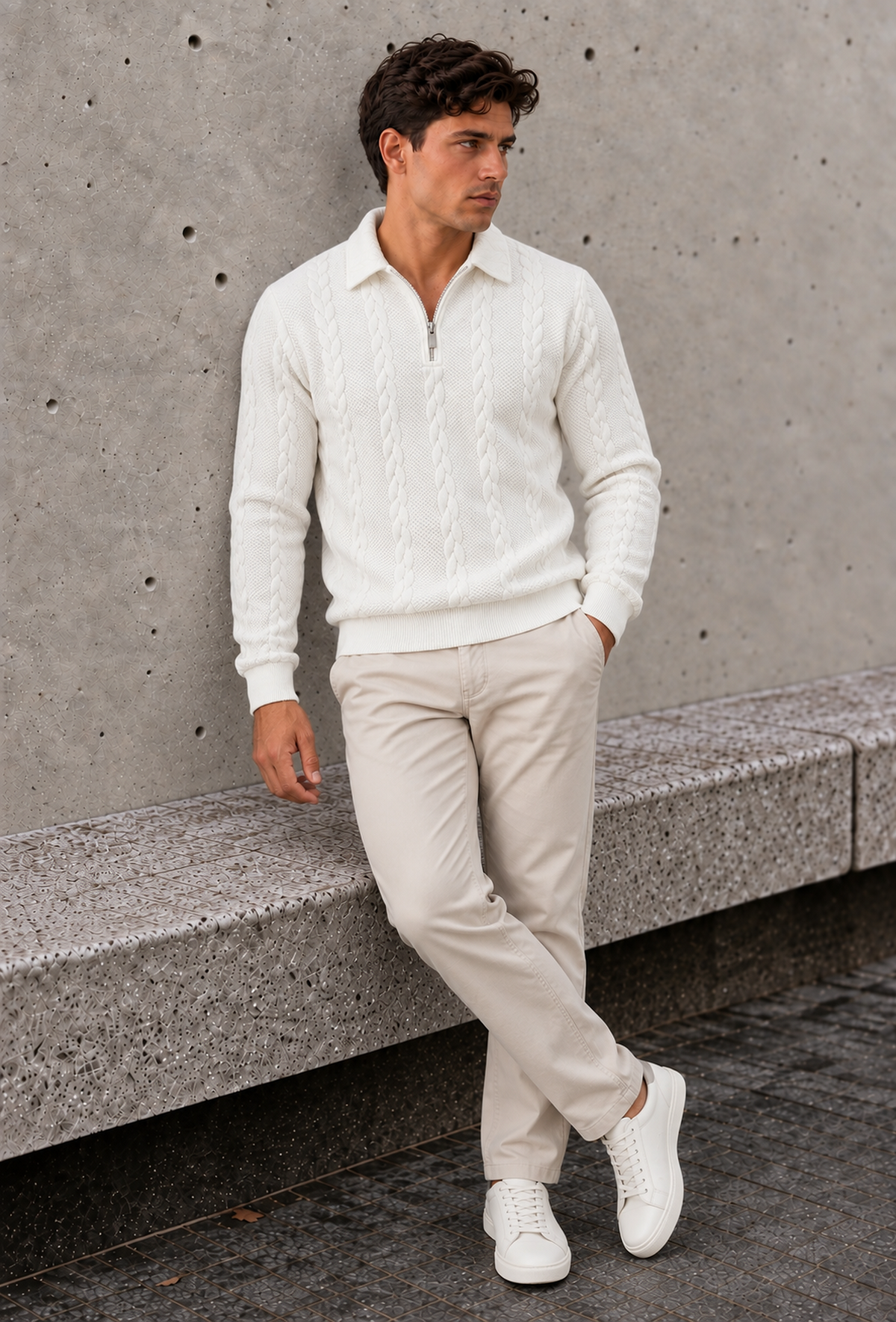 Men's white half zip cable knit sweater