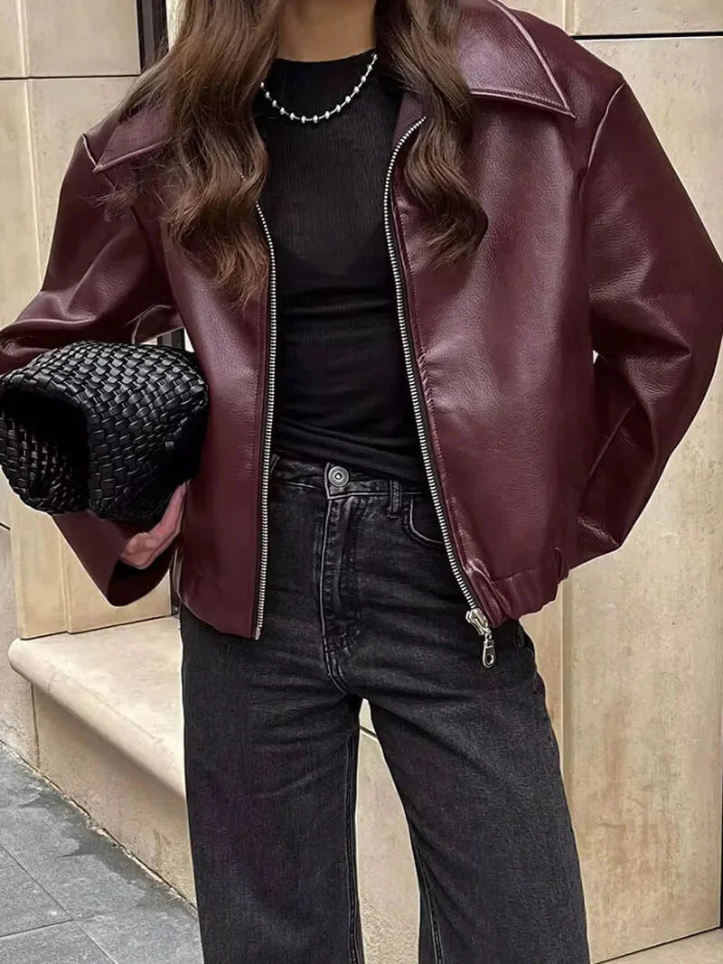 Women's zip-up faux leather jacket with minimalist clean finish
